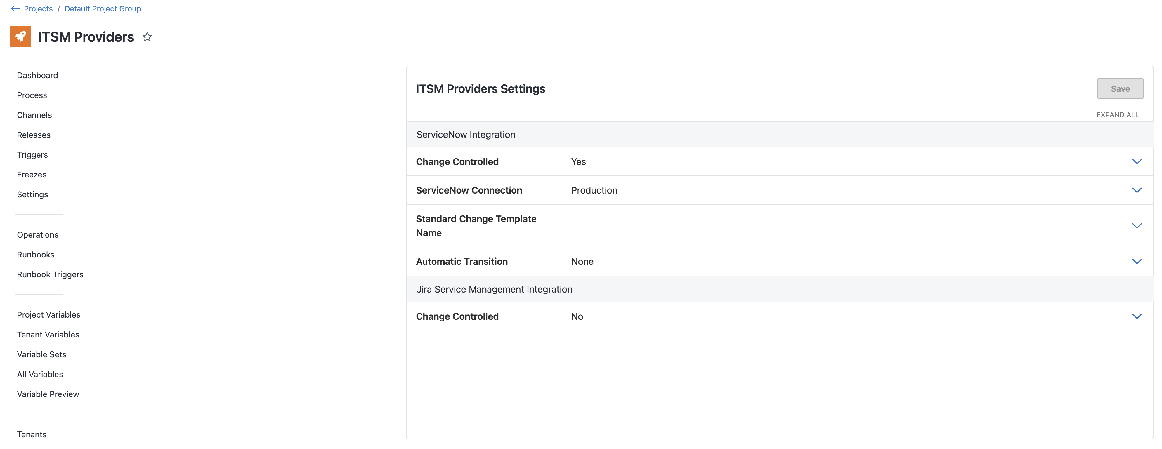 ServiceNow Integration Project settings