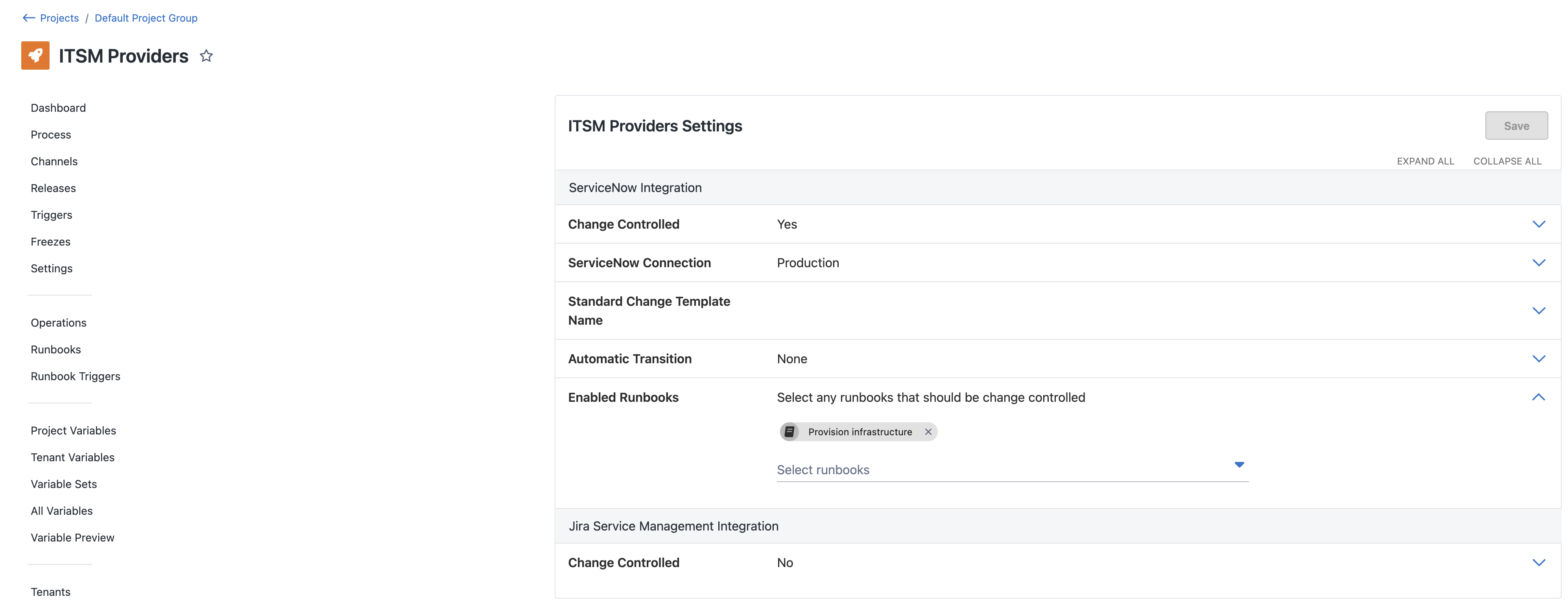 ServiceNow Integration Runbooks settings