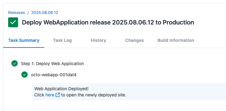The Octopus Deployment Task Summary showing an example of a highlighted log level message