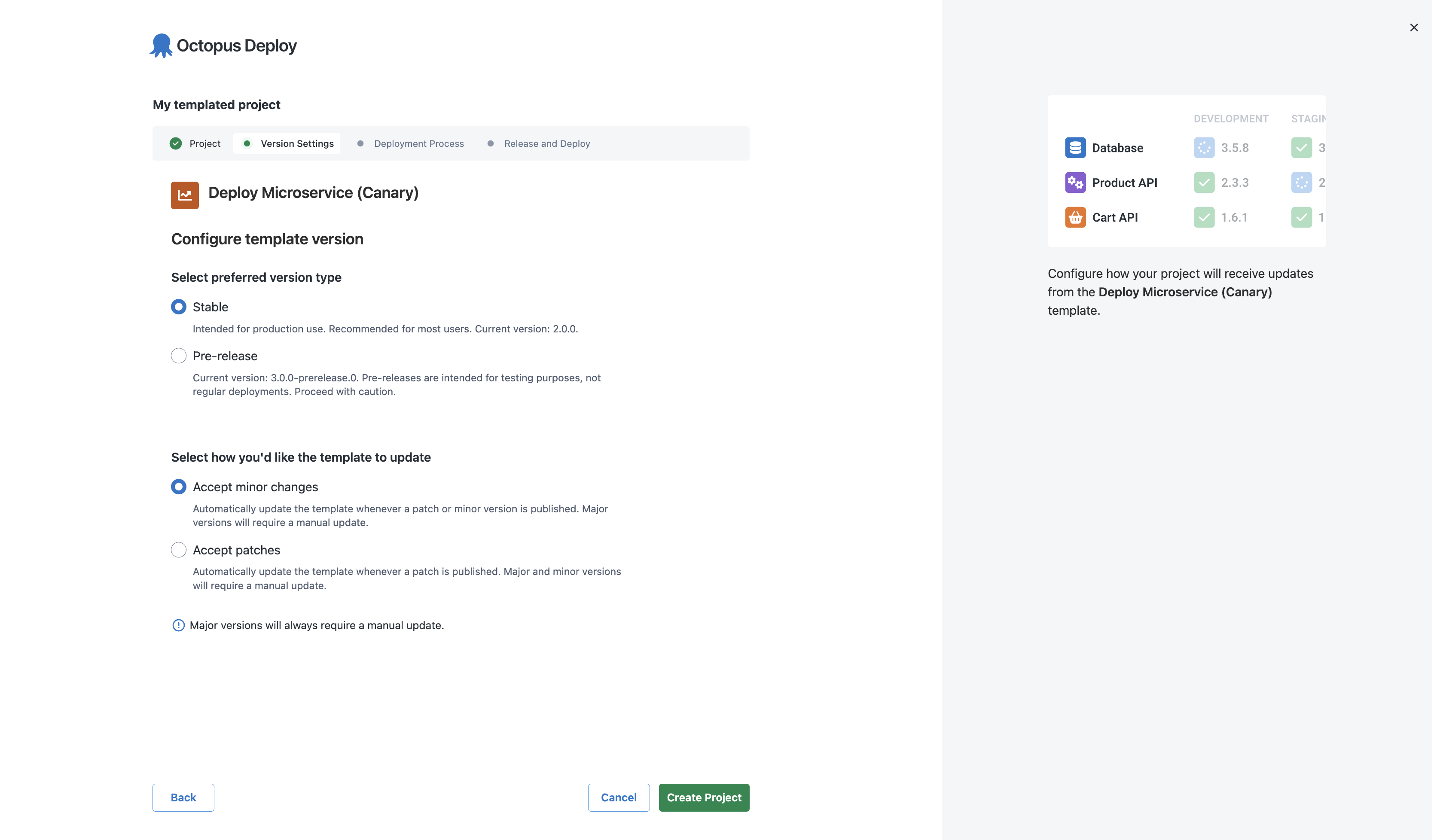 Choosing between stable and pre-release template versions