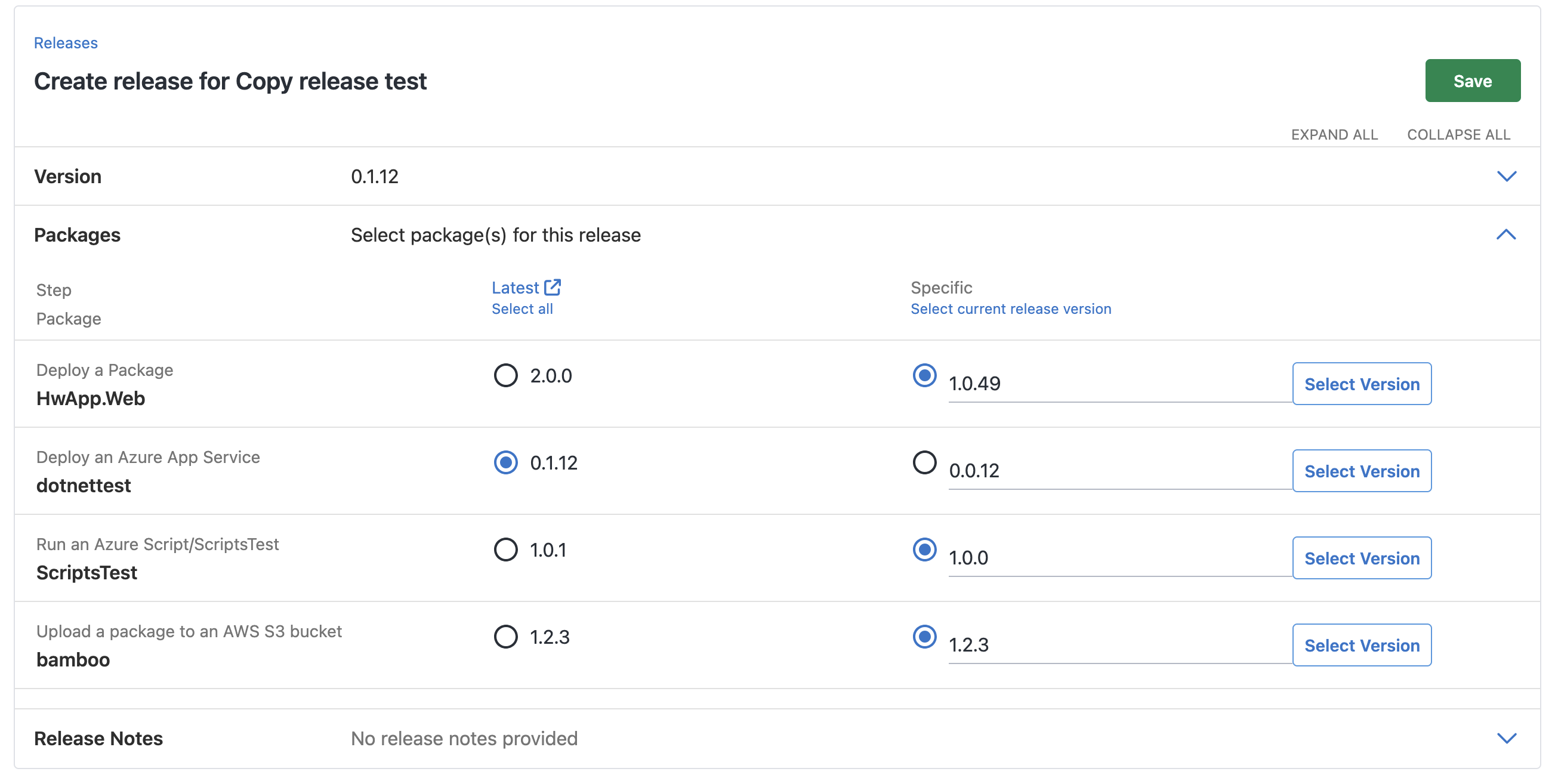 Screenshot of Octopus release page showing copied release with updated version for a single package