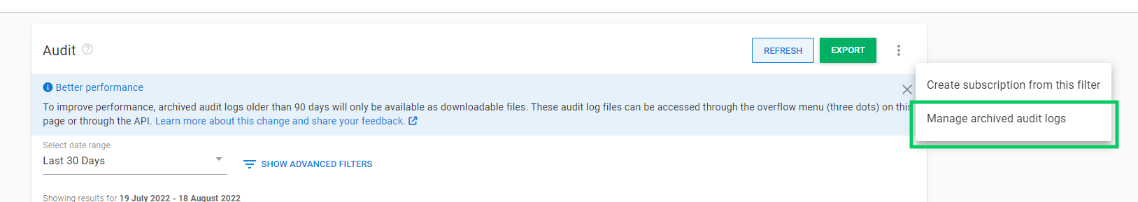 Manage Archived Audit Logs Menu